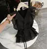 Nova Camisa Preta Sem Mangas Francesa para Mulheres 2026, Design de Babados de Verão, Alta Qualidade, Elegante, Rejuvenescedor, Emagrecedor, Top Versátil