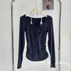 Camiseta feminina Ruoxin estilo coreano com gola halter, blocos de cor na cintura, afunilada, manga longa, novo estilo outono 2026, imitação de duas peças com top de gravata borboleta