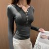 Camiseta Interior de Mousse Imitación Cachemira Primavera y Otoño Interior de Manga Larga Ajustada Top para Chica Hot Camisa Blanca con Cuello Henry para Mujer