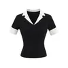 Diseño Retro Americano Camiseta Falsa de Dos Piezas con Solapa Ajustada de Manga Corta para Mujer Nuevo Top de Verano