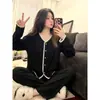 Pijama Casual de Encaje Patchwork Simple Estilo Coreano para Mujer, Nuevo Conjunto de Ropa para el Hogar de Manga Larga Talla Grande para Otoño e Invierno que se Puede Usar Afuera