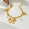 Pulsera con Colgante de Acero Inoxidable Chapado en Oro, Moda Nueva Transfronteriza, Lujo Ligero, Lazo, Perla, Libélula, Estrella de Cinco Puntas