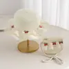 Conjunto de Chapéu de Sol de Palha e Bolsa para Menina Primavera Verão Crianças Decoração de Cereja Proteção Solar Aba Larga Chapéu de Princesa