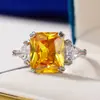 Anillo para Mujer de Transmisión en Vivo de Celebridad de Internet Huajie, Anillo de Zirconia con Gema de Color Citrino Simulada para Mujer, Anillo Elegante Flor de Hielo Cubo de Azúcar