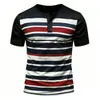 Camisa Henley de Rayas para Hombre Verano Casual Camiseta con Botones Moda Holgada Manga Corta Ropa de Hombre