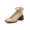 Nova fivela bico quadrado boca rasa camada única de primavera e outono sapatos salto grosso salto alto tamanho 33-50 sapatos de comércio exterior