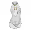 Pensamientos nocturnos Melancolía nocturna Lencería erótica Qipao clásico Botón de rana Uniforme Malla de encaje Bordado Transparente Uniforme sin extracción 9916