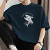 Camiseta Masculina de Manga Curta Estilo Americano Pesada 260g, Modelagem Solta, Algodão Puro, Gola Redonda, Estampa de Tubarão, Blusa de Verão 100% Algodão de Manga Meia