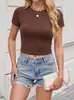 Moda Femenina Transfronteriza Estilo Europeo y Americano Top de Manga Corta, Verano Delgado Crop Top Pulóver, Hombro Normal Tejido Camiseta de Alta Gama