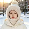 Novo chapéu de peça única de tricô quente com forro de fleece transfronteiriço para mulheres, chapéu de lã integrado com proteção para as orelhas e aquecedor de pescoço de inverno, chapéu à prova de vento para atividades ao ar livre
