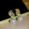 Pendientes Retro Franceses de Plata con Incrustaciones de Diamante y Perla, Pendientes Simples, de Moda, Elegantes y Versátiles, Pendientes de Lujo Ligero de Alta Gama para Mujer