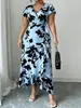 Comercio exterior transfronterizo europeo y americano talla grande 2026 verano nuevo elegante vestido midi con cuello en V fruncido en la cintura con volantes