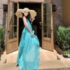 Vestido Longo Azul Lago Estilo Férias Decote V Costas Abertas Gola Alta Cadarço, Lindo Super Fada Longo para Viagem de Verão e Fotografia na Praia