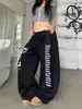 Calça de moletom com estampa de letras estilo rua americana para mulheres, calça solta casual vintage para dança hip-hop, jazz, foice
