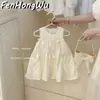 [Casa Rosa] Roupa Doce Estilo Coreano para Menina: Vestido Estilo Francês para Meninas, Vestido Regata Estiloso de Verão Sem Mangas com Laço