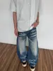 Calça Jeans Curva Lavada com Bigodes Estilo Retro Americano para Homens, Estilo High Street, Calça Flare Solta de Perna Larga Cleanfit para o Verão