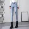 Jeans Ajustados Skinny de Cintura Alta con Doble Hebilla para Mujer Ropa Exterior Nueva Color Claro Ajuste Delgado Adelgazante Altos Ajustados Pantalones de Lápiz