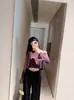 Camiseta Morada de Manga Larga Off-Shoulder de Lino Lyocell Laareeto para Mujer, Top Corto de Otoño, Adelgazante y Versátil
