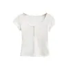 Camiseta Feminina Estilo Hot Girl com Decote Grande e Manga Curta, Top Curto de Verão Fino com Cinco Botões, Justo e Sexy, Top para Usar por Baixo Ins