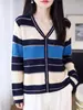 Cárdigan de Punto Fino de Lana con Cuello en V y Rayas de Diseño Exclusivo para Mujer Otoño/Invierno Chaqueta de Rayas Única Prendas de Punto Versátiles con Temperamento