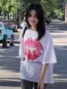 Camiseta de Algodón Puro de Manga Corta para Mujer, Nuevo Diseño Estilo Americano con Estampado de Labios, Personalidad Única, Top Versátil Holgado para Verano