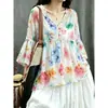 Ropa de mujer talla grande 2026 nuevo top de verano de gasa estampado con cuello en V y manga acampanada, adelgazante y rejuvenecedor, camisa para ocultar la barriga