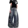 Calça Jeans Rasgada com Estampa de Carta Americana para Homens e Mulheres Verão Tendência Marca Streetwear Lâmina Curva Calças Longas Retrô Soltas Calças de Perna Larga