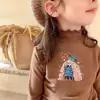 Roupa Íntima Plush Dupla Face Infantil Outono Inverno Camiseta Estilosa para Meninas Manga Longa Gola Meia Alta Top Quente com Barra Franzida