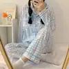 2022 Corea Dongdaemun Pijamas Nuevos para Mujer de Manga Larga Pantalones Traje a Cuadros Ropa de Casa de Otoño Salida de Fábrica