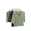 Camisa de Algodón con Diseño de Copos de Nieve, Cuello y Mangas Medias en Verde Fruta/Gris/Marrón, Mangas Regulares, Corte Regular, Tejido de Fábrica