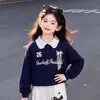 2026 Linda Niña Primavera/Otoño Sudadera con Capucha Patchwork Cuello Polo Pantalones Anchos de Encaje de Moda para Niñas Conjunto