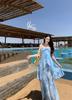 Vestido Azul Único y Hermoso de Estilo Francés con Cuello Halter y Cintura Fruncida para Mujer, Vestido Largo Estampado de Gasa sin Espalda para Vacaciones de Verano en la Playa