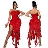 CY901043 Vestido tubo top de color sólido de comercio exterior europeo y americano, vestido sexy con flecos irregulares y abertura alta para mujer
