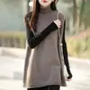 Colete tricô grosso casual estilo francês transfronteiriço com gola alta e camadas para mulheres, suéter quente sem mangas de comprimento médio para outono e inverno