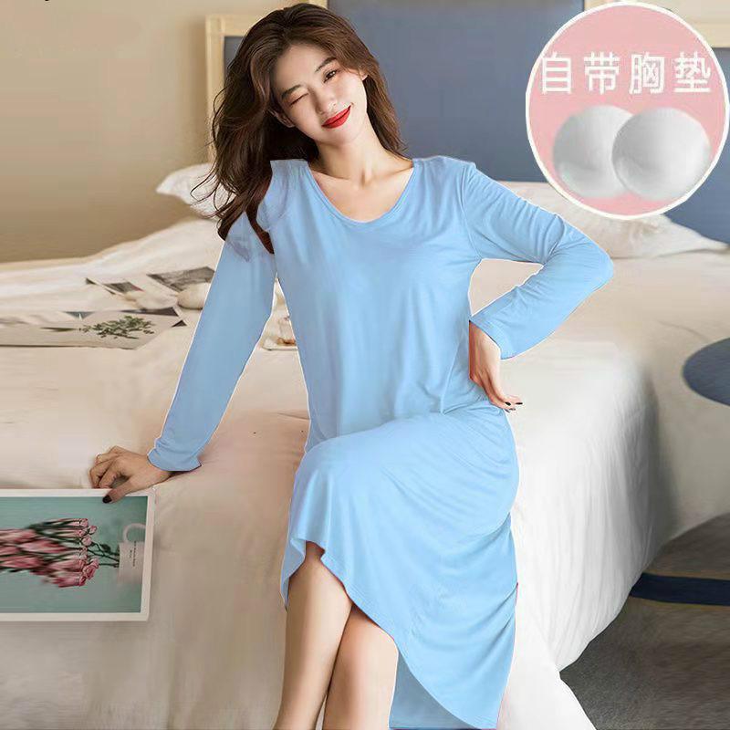 纯色带垫睡裙-浅蓝-长