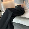 Jeans Reto Vintage Feminino Outono Novo Senso de Design Tamanho Grande Cintura Alta Aparência Magra Fivela Dupla Versão Estreita Calça de Piso com Senso Vertical