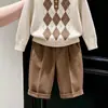 Estilo Coreano Niños 2026 Otoño/Invierno Nuevo Retro Argyle Cuello Polo Suéter de Punto Manga Larga Traje para Niños Pantalones Casuales