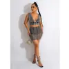 C6037 Transfronterizo Aliexpress Amazon Moda Europea y Americana Ropa para Mujer Cuello en V Sin Mangas Falda Corta Malla Pedrería Conjunto de Dos Piezas para Mujer