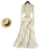 Vestido de Malha Metálica Estilo Boneca, Manga Curta e Manga Longa, Moda de Alto Padrão Estilo Chanel Transfronteiriço, Vestido Longo Emagrecedor de Outono