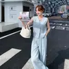 Conjunto de Chaleco Minimalista Estilo Francés Azul para Mujer, Nuevo Verano 2026 Pantalones de Pierna Ancha Adelgazantes de Cintura Alta Conjunto de Dos Piezas Moderno
