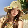Sombrero de Paja Yafeng Colorido con Cuentas, Plegable, Estilo Pastoral, Ala Ancha, Sombrilla Hecha a Mano, Sombrero para Mujer de Protección Solar para Playa al Aire Libre