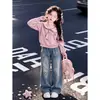 Sudadera Fresca y Azul Dopamina con Cuello para Niñas, Nuevo Estilo Primavera/Otoño, Jeans de Estrellas, Conjunto Casual de Dos Piezas a la Moda