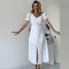 Verano 2024 Nuevo Europeo y Americano Amazon Transfronterizo para Mujer Color Sólido Cuello en V Ajustado Mangas Abullonadas Abertura con Cordones Vestido Largo