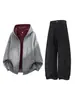 Han Lu Sudadera con Capucha Forrada de Color Block Americano Pesado Textura de Bloque de Color Estructurada Pantalones Casuales de Trabajo Conjunto de Dos Piezas