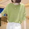 Blusa de Tricô Leve Estilosa para Primavera e Verão Feminina, Tamanho Plus Size, Cor Lisa da Moda, Gola Redonda Solta, Manga Três Quartos Texturizada Camiseta Básica