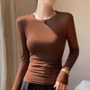 Camiseta Básica de Algodão Puro para Mulheres, Nova Coleção Outono 2025, Gola Redonda, Manga Longa, Top Versátil de Cor Sólida, Corte Justo