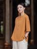 26 Ropa Original de Algodón y Lino para Mujer, Blusa Retro de Manga Corta con Botones Estilo Chino de Ramio, Camisa de Algodón y Lino Lavada a la Arena Inspirada en Zen
