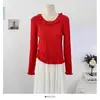 Suéter de Tricô com Gola Redonda e Babados Estilo Coreano para Mulheres, Manga Longa, Primavera 2026, Slim Fit, Rejuvenescedor, Pulôver, Top Liso para Mulheres
