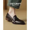 Zapatos Mocasín de Tacón Grueso Marrón de Cuero Suave para Mujer 2026 Nuevo Estilo Zapatos de Boca Baja Estilo Británico Slip-On Zapatos de Cuero Marrón