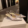 Versão em Pele de Ovelha do Mesmo Estilo, Saltos Agulha, Laço de Seda e Cetim, Bico Fino, Sapatos com Costas Vazadas, Sandálias Femininas, Novo Estilo Primavera e Verão